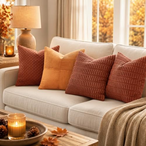 MIULEE Fall Euro Corduroy Decorative Throw Pillow Covers 22x22 Dark Rust - Image 3