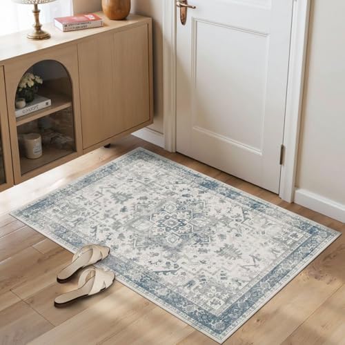 2x3 Blue Washable Entryway Rug,Small Door Mat for Bathroom Kitchen by Rugxara