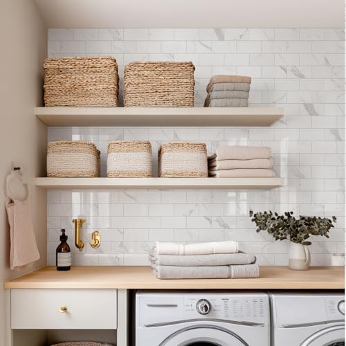 Vamos Tile 100-Piece Peel and Stick Backsplash Seamless Tile,3''x6'' Glossy Statury White Marble with White Grout PVC Subway Tile,Stick on Backsplash for Kitchen/Bathroom/Laundry Room - Image 5