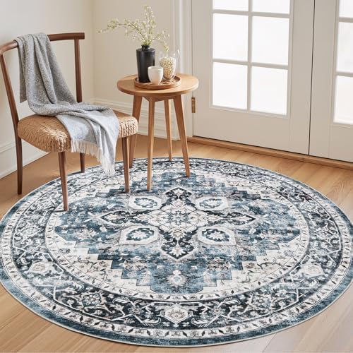 AMADA HOMEFURNISHING Round 4ft Area Rugs, Low-Profile Washable Rug with Non-Slip Backing & Durable Edge Binding, Vintage Rugs for Living Room, Bedroom, Dinning Room by AMADAHOMEFURNISHING