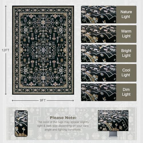 9x12 Area Rugs Living Room: Washable Vintage Rug for Bedroom Black - Image 2