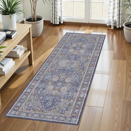 Washable Area Rug 2'6'' x 8' Vintage Traditional Persian Mat - Foldable Distressed Non-Slip Machine Washable Carpet for Living Room Bedroom Kitchen Home Decor - Indigo and Gold by Unknown