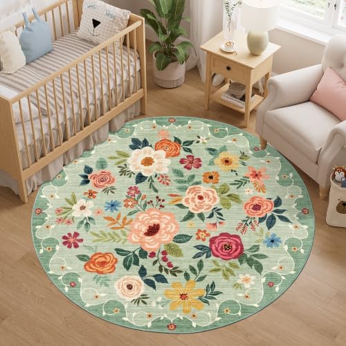 DUKINO 5ft Round Rug, Non Slip Floral Washable Small Circle Rug, Green by DUKINO