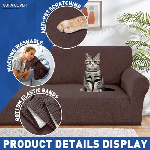 YEMYHOM Couch Cover Latest Jacquard Design High Stretch Sofa Covers for 2 Cushion Couch, Pet Dog Cat Proof Loveseat Slipcover Non Slip Elastic Furniture Protector (Medium, Begonia Leaf Coffee) - Image 4