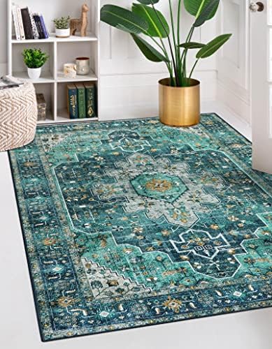 Moynesa Ultra-Thin Washable Vintage Area Rug - 5x7 Large Living Room Rug Boho Oriental Medallion Bedroom Mat Non-Slip Non-Shedding Dining Room Floor Carpet for Home Office, Teal/Mutil by Moynesa