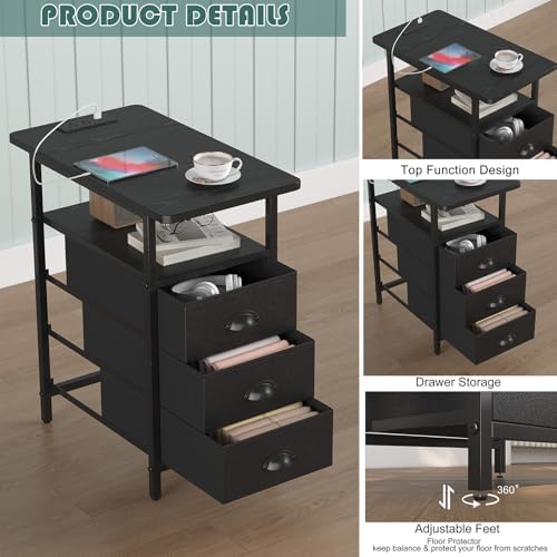 sthmec End Table with Charging Station,LED Side Tables with USB Ports and Outlets,Narrow Nightstands Bedside Tables with 3 Drawers PU Finish for Small Space,Slim Sofa Table for Livingroom,Black - Image 5