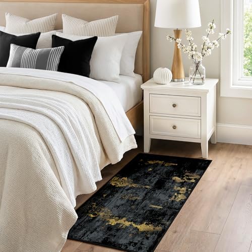 RELEANY Washable 2'x5' Abstract Area Rug for Living Room Black Gold - Image 3