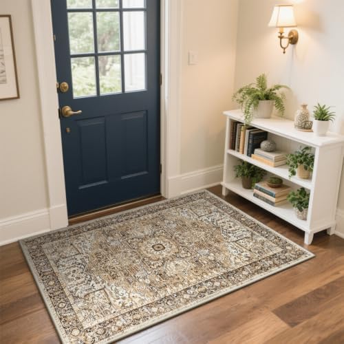 Hanples 2x3 Washable Rugs for Entryway, Vintage Floral Door Mat, Beige - Image 5