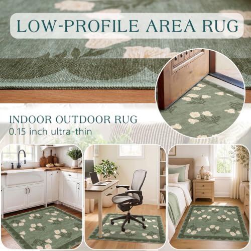 3x3 Square Entryway Rug - Non-Slip Washable Front Door Mat Indoor Outside Entrance Small Porch Rug Sage Green Cottage Scalloped Throw Rugs for Entryway Kitchen Bedroom Office Front Porch Decor - Image 5