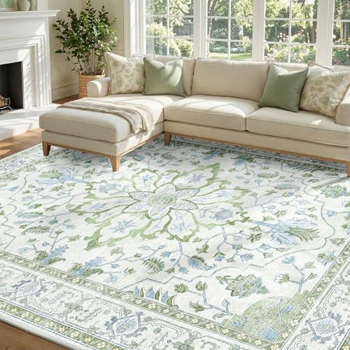 RELEANY Washable Area Rug, 7'x10', Green/White/Blue by RELEANY