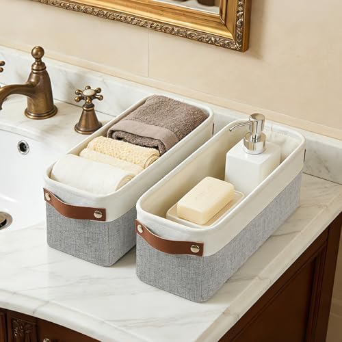 Bagnizer Small Fabric Storage Baskets, 15x6x5 inch Narrow Storage Bins 4-Pack Long Storage Basket for Organizing with Handles, Decorative Basket for Closets, Shelves, Toilet Paper, Grey - Image 4