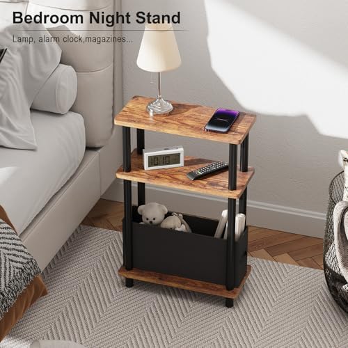 Apicizon Narrow Side Table with Fabric Basket, 3-Tier End Table,Brown Black - Image 6