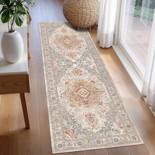 Washable Area Rug 2'6'' x 8' Vintage Traditional Persian Mat - Foldable Distressed Non-Slip Machine Washable Carpet for Living Room Bedroom Kitchen Home Decor - Dove Gray and Coral - Image 3