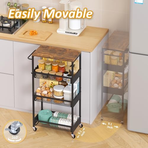 Vincona 9.1" Wide Slim Rolling Utility Cart, 4 Tier Metal Narrow Storage Cart with Handle and Wood Top, Multifunctional Small Mobile Shelf Unit Organizer Trolley for Laundry, Bathroom, Kitchen - Image 3