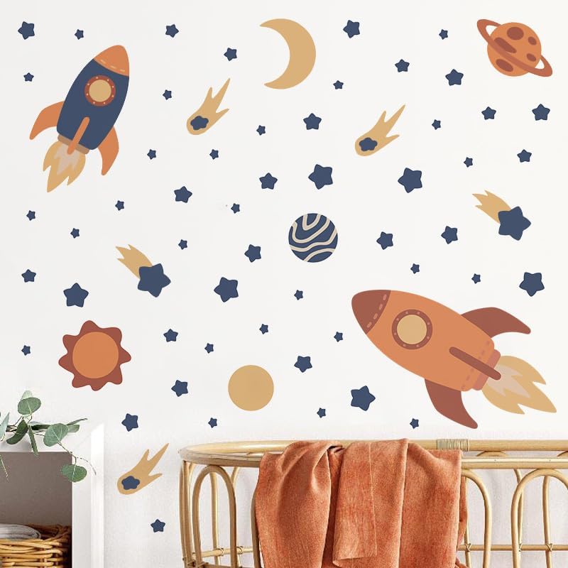 Outer Space Wall Decals, Peel and Stick Rockets Stars Planet Wall Stickers, Space Themed Wall Decor for Baby Nursery Kids Bedroom Boys Playroom Decoration - Image 7