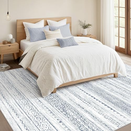 Nakagishi 6x9 Area Rugs Living Room: Washable Boho Large Neutral Soft Farmhouse Rug Stain Resistant Modern Indoor Floor Non-Slip Carpet for Bedroom Nursery Playroom Office Dining Room Dorm-White Blue - Image 3