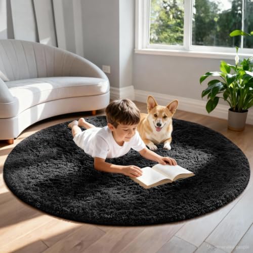 Ophanie Round Rug 6Ft Black Circle Area Rug, Room Decor for Men, Fluffy Fuzzy Bedroom Carpet, Plush Soft Shaggy Living Room Rugs for Kids Home Aesthetic, Nursery with Over 99 pcs Pile fibers - Image 3