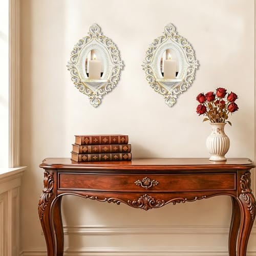 2 Set Vintage Candle Wall Sconce for Home Decor Living Room Bedroom Office Wood Antique Mirrored Victorian Mounted Candlestick Wall Holder Relief Hanging Decor -White 11.8in - Image 6