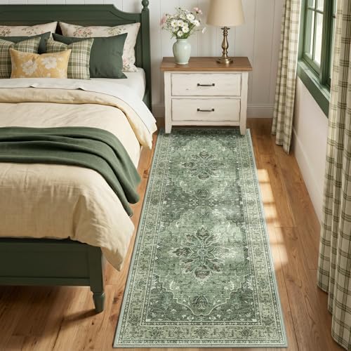 RELEANY Washable Area Rug, Runner 3'x8', Green/Dark Green/Gray by RELEANY
