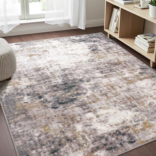 5x7 Area Rugs for Living Room, Machine Washable Rugs Modern Abstract Bedroom Rugs, Soft Non Slip Low Pile Stain Resistant Carpet for Bedroom Under Dining Table Nursery Decor, Grey Gold - Image 2