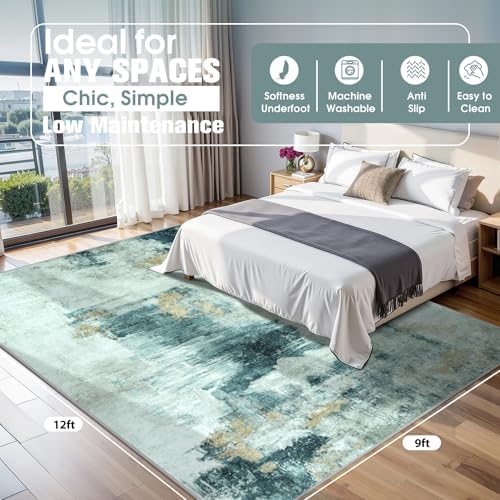 9x12 Area Rugs for Living Room Washable Bedroom Dining Room Teal Grey Gold - Image 2