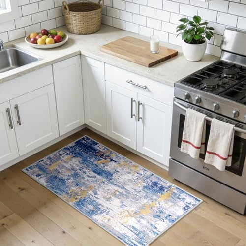 RELEANY Washable 2'x4' Abstract Area Rug for Living Room Blue Gold - Image 3