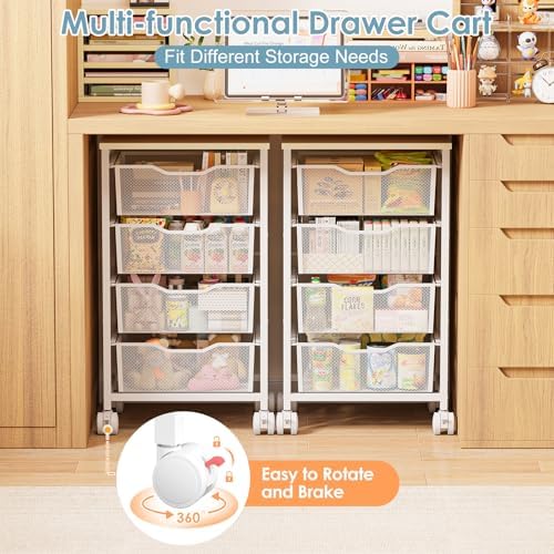 Hongtamoya Rolling Cart with Drawers, Storage Cart with Wheels Metal Rolling Drawer Cart with Lockable Wheels and Wood Tabletop Craft Storage Art Cart for Living Room Bedroom Classroom Office White - Image 5