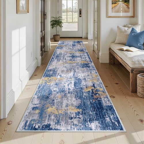 RELEANY Washable Runner 3'x12' Abstract Area Rug for Hallway Blue Gold - Image 2