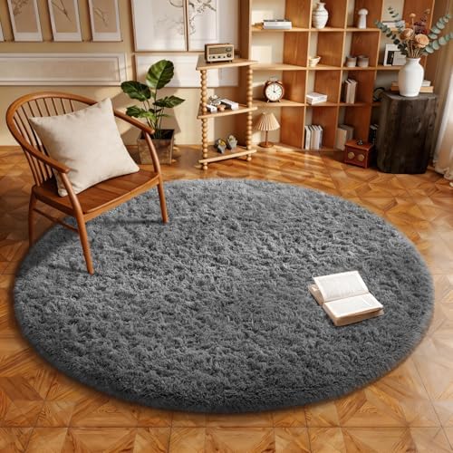 Ophanie Round Rug 5Ft Grey Circle Area Rugs,Fluffy Fuzzy Bedroom Carpet 5 Foot,Plush Shag Indoor Floor Gray Living Room Circular Decor for Kids Teen Boys Baby,Classroom with Over 99 pcs Pile fibers by Ophanie