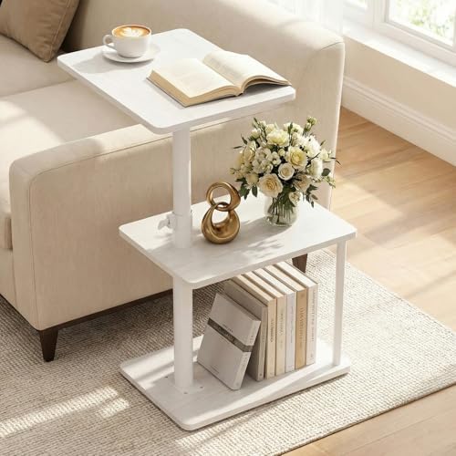 Faesun 360° Swivel Side Table for Height Adjustable, C Shaped End Table for Couch with Storage, 3-Tier Night Stand with Open Shelf, Tv Tray for Small Spaces, Living Room, Bedroom, White by Faesun