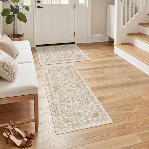 Madane 2-Piece Area Rugs Set, Small Kitchen Runner Non-Slip, Beige/Blue by Madane