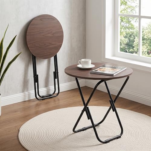 VECELO Patio Outdoor Side Table,17.7 inch Small Folding Table Round Waterproof Wood Table, Foldable Anti-Rust Metal Legs Snack Desk for Garden Balcony,Yard,Living Room - Image 2