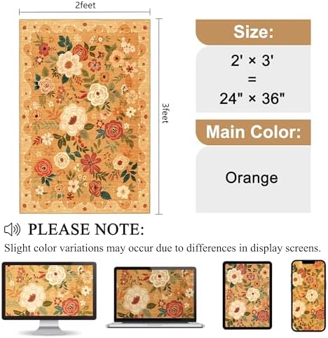 DUKINO 2x3 Entryway Rug, Floral Door Mat Soft Washable Rug Non Slip, Orange - Image 2