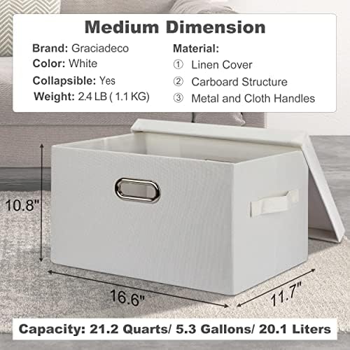 Graciadeco Medium 15" 21 Quart Collapsible Stackable Storage Bins with Lids, 5 Packs White Foldable Fabric Closet Storage Boxes with Lids, Lidded Heavy-duty Linen Baskets(15x11x8) - Image 2