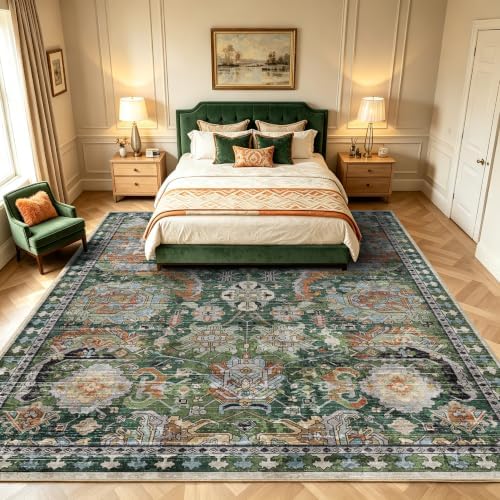 RUGSURE Washable Area Rugs - Perfect for Living Room, Bedroom, Kids Room, Nursery - Stain & Water Resistant Non-Slip, Pet & Child Friendly, Vintage Tribal Area Rugs (Green, 9' x 12') - Image 2