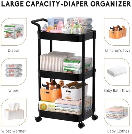Volnamal Diaper Caddy, 3 Tier Rolling Cart for Baby Essentials, Black - Image 6