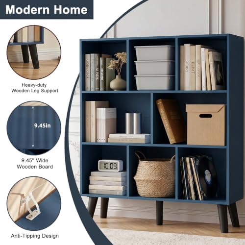 YAHARBO 8 Cube Bookshelf,3 Tier Bookcase with Legs,Dark Blue Mid-Century Modern Bookshelves,Large Free Standing Open Storage Organizer Shelf,Tall Wooden Book Case Furniture for Bedroom,Living Room - Image 5