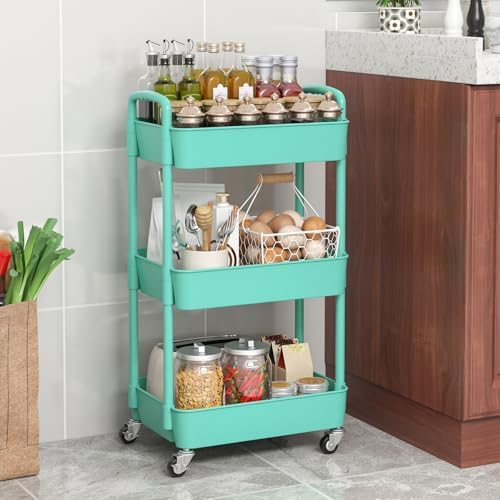 Sywhitta 3-Tier Plastic Rolling Utility Cart with Wheels for Storage, Green - Image 6