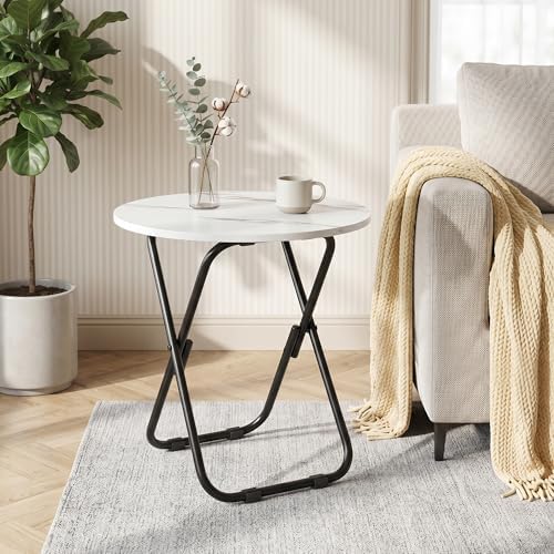 VECELO Patio Outdoor Side Table Set of 2,17.7 inch Small Folding Table Round Waterproof Wood Table,Foldable Anti-Rust Metal Legs Snack Desk for Garden Balcony,Yard,Living Room - Image 5