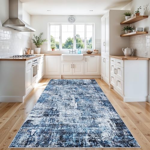 4x10 ft Extra Wide Hallway Rug – Non-Slip Washable Rubber-Backed Large Carpet Runner for Kitchen, Entryway | Modern Abstract, Low-Pile Thin Floor Mat for Bedroom Living Room Dining Room（Navy Blue） - Image 3