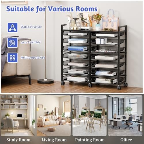 Simple Trending 15-Tier Rolling File Cart, Desk File Organizer with 14 Mesh Sliding Trays, Letter & Legal Paper Storage Rolling Utility Cart for Office Home School, Black - Image 4