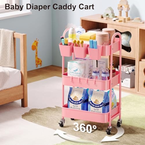 3 Tier Metal Rolling Cart with Lockable Wheels and Handle,Three Tiered Cart - Image 2