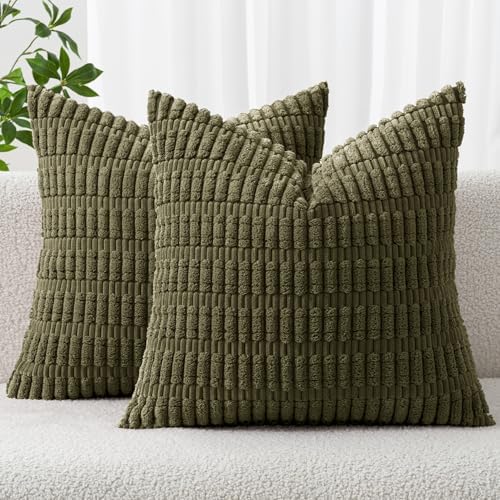 MIULEE Corduroy Decorative Throw Pillow Covers 20x20 Olive Green Pack of 2 by MIULEE