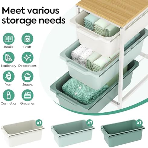 KINGBOARD Slim Rolling Cart with 3 Drawers, Metal Utility Storage Cart | Wooden Tabletop, Lockable Wheels, Under Desk Trolley for Bedroom, Children's Room and Office Organization, Green - Image 3