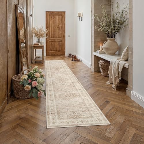 2'6x10 Beige Washable Runner Rug Non Slip Vintage Carpet - Image 2