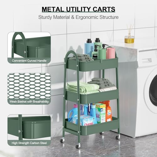 EAGMAK 3 Tier Utility Rolling Cart, Metal Storage Cart with Handle and Lockable Wheels, Multifunctional Storage Organizer Trolley with Mesh Baskets for Kitchen, Living Room, Office, Garage (Jungle) - Image 2