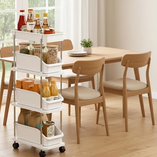 Slim Storage Cart 4 Tier Slim Rolling Utility Cart with Pull-Out Baskets & Wheels for Narrow Space in Kitchen Dining Room Bathroom Laundry Room Cream White (Width 6.3 Inches) - Image 5
