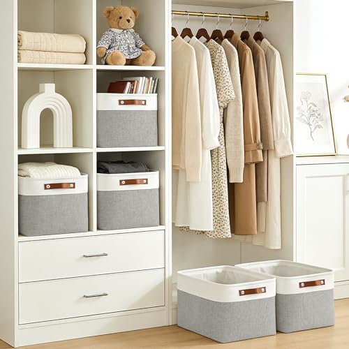 Bagnizer Storage Bins Large Fabric Storage Baskets for Shelves 3 Pack, Decorative Linen Closet Baskets with Handles for Organizing, Shelf, Clothes, Home, Office, 15x11x9.5Inches (Grey&White) - Image 3