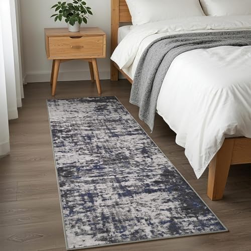 2x8 Washable Runner Rug Non Slip Runners for Hallways, Kitchen Soft Stain Resistant Floor Carpet with Rubber Backing Abstract Rugs for Entryway, Bedroom, Bathroom, Laundry Room, Dark Grey Blue - Image 3