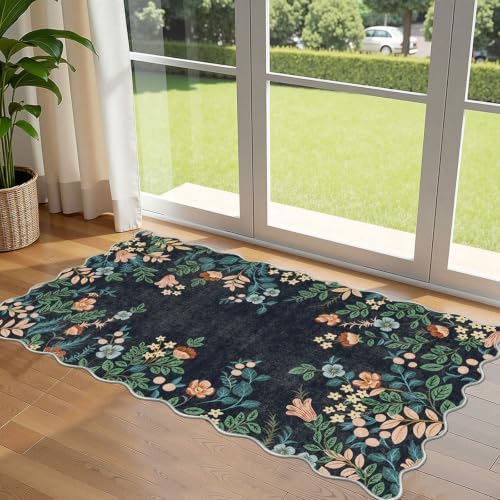 Front Door Mat Indoor Entrance - 2x4.3 Ft Dark Navy Floral Washable Layered Doormat Outdoor Entrance Porch Rug Non-Slip Boho Runner Rug for Kitchen Hallway Bedroom Laundry Room Porch Decor by Othilic